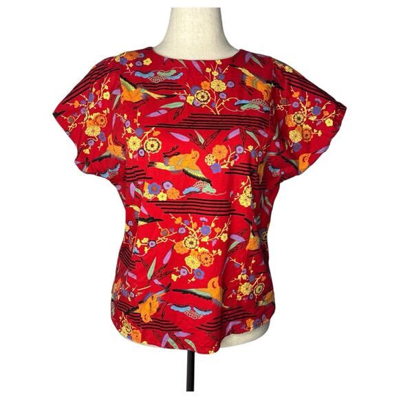 Vintage Handmade Womens Top Red Art to Wear Boxy Cotton Chinois Print Size M/L - Picture 1 of 6